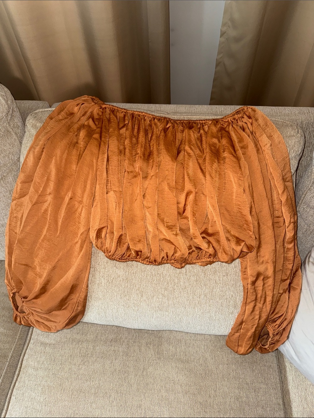Amazon Rust Orange Off-Shoulder Balloon Sleeve Crop Top